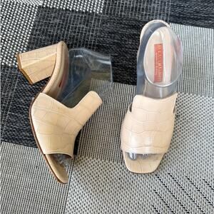 D. LACQUANITI Carmela Sandals Tan Womens 39.5 Italy Block Heel Croc-Embossend